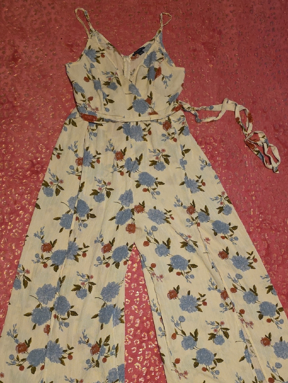 American Eagle Outfitters Cream Floral Wide-Leg Jumpsuit with Blue Roses